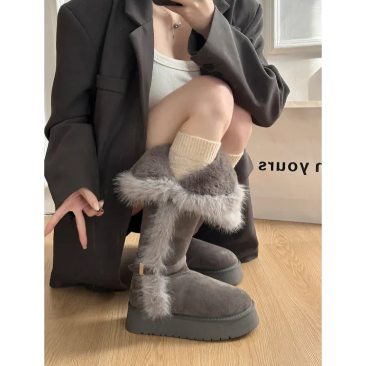 厚底两穿雪地靴女2025年新款冬季毛绒翻边加绒保暖长筒靴东北棉靴