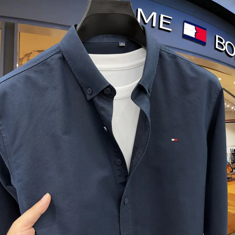 汤米希凯利春秋新款长袖衬衫男士高档商务休闲纯色中青年男装衬衣