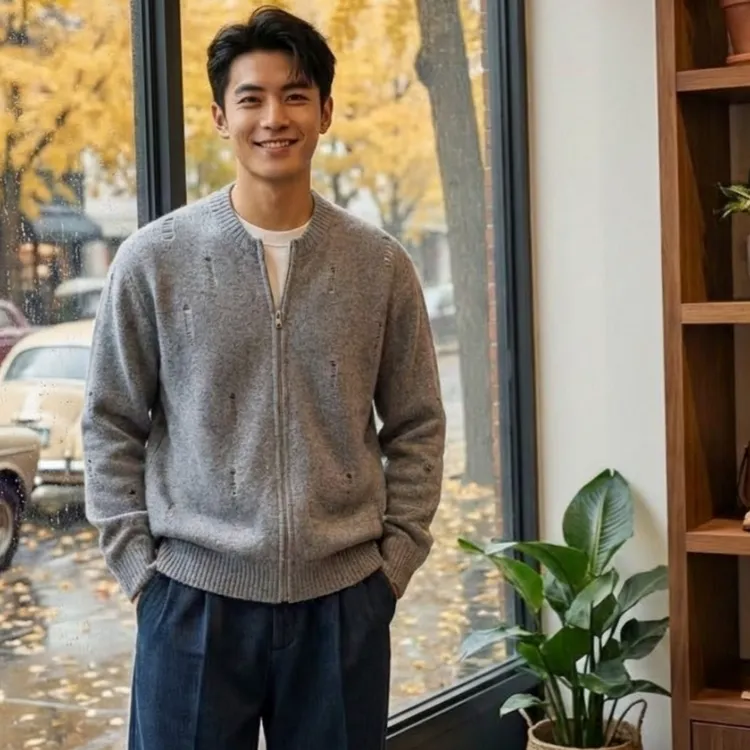 灰色针织开衫毛衣外套拉链简约破洞高级感圆领休闲男女秋冬季衣服