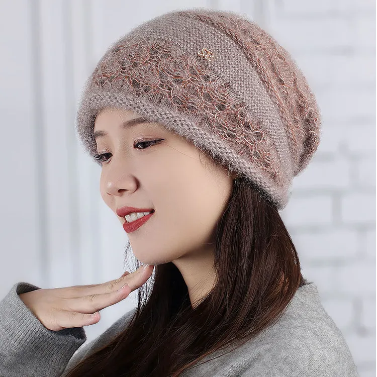 秋冬钩花手工双层毛线帽冬季针织头帽保暖松鼠绒镂空时尚女士帽子