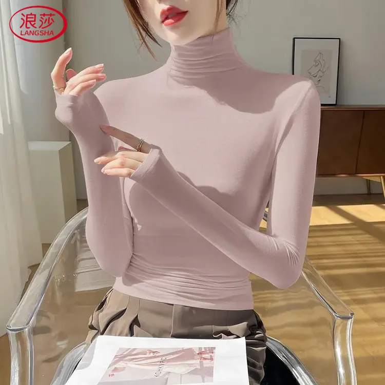 浪莎莫代尔高领打底衫女秋冬季内搭长袖早秋薄款纯色正肩贴身百搭