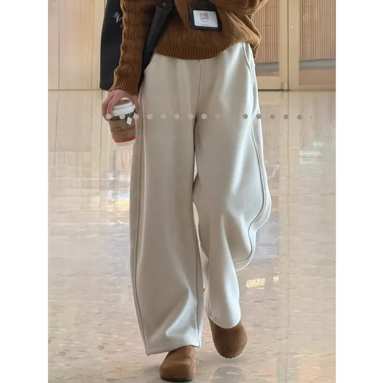 米杏色运动气球裤女秋冬加绒大码胖mm梨形身材高腰宽松显瘦休闲裤