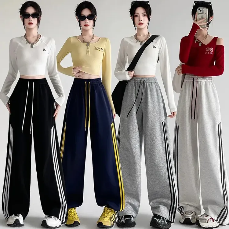 美式三条杠运动裤2025新款秋季高腰阔腿束脚休闲裤卫裤工装裤两穿