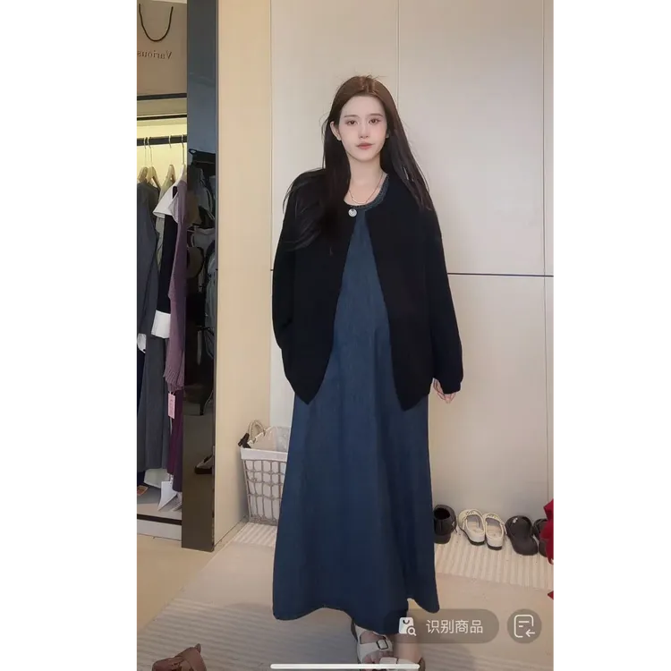 YNVO时尚~2025早秋新款韩版宽松慵懒无袖牛仔裙+黑色单扣气质外套