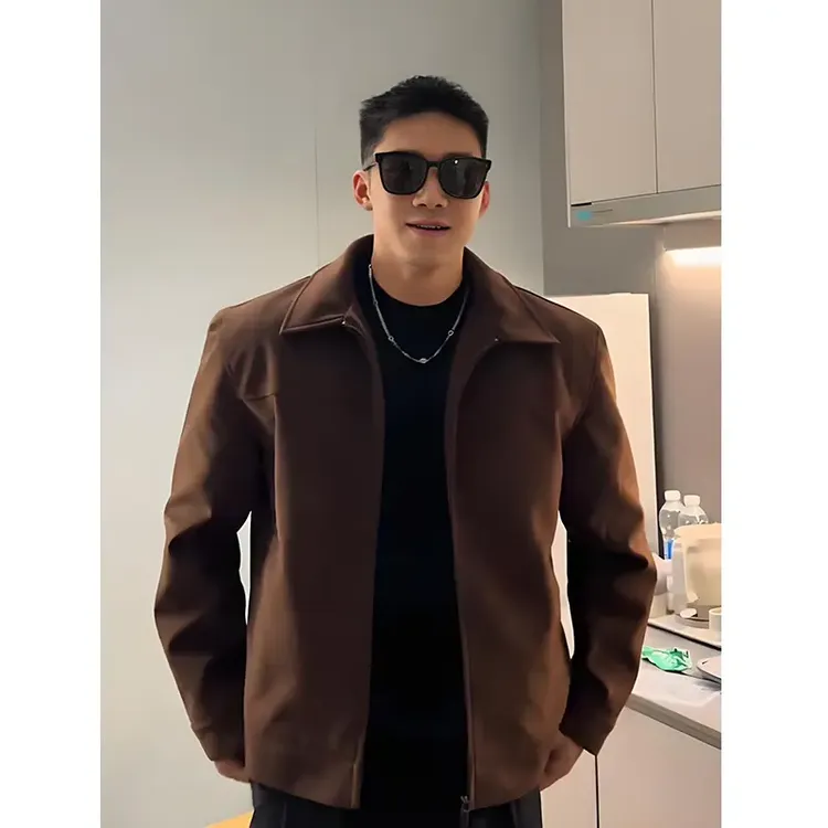 咖啡色老钱风外套男款初秋穿搭美式复古短款上衣夹克拼接硬汉夹克