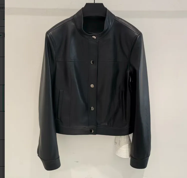 alo压花皮短款口袋半植皮小立领皮衣皮夹克皮衣女士女装时尚洋气