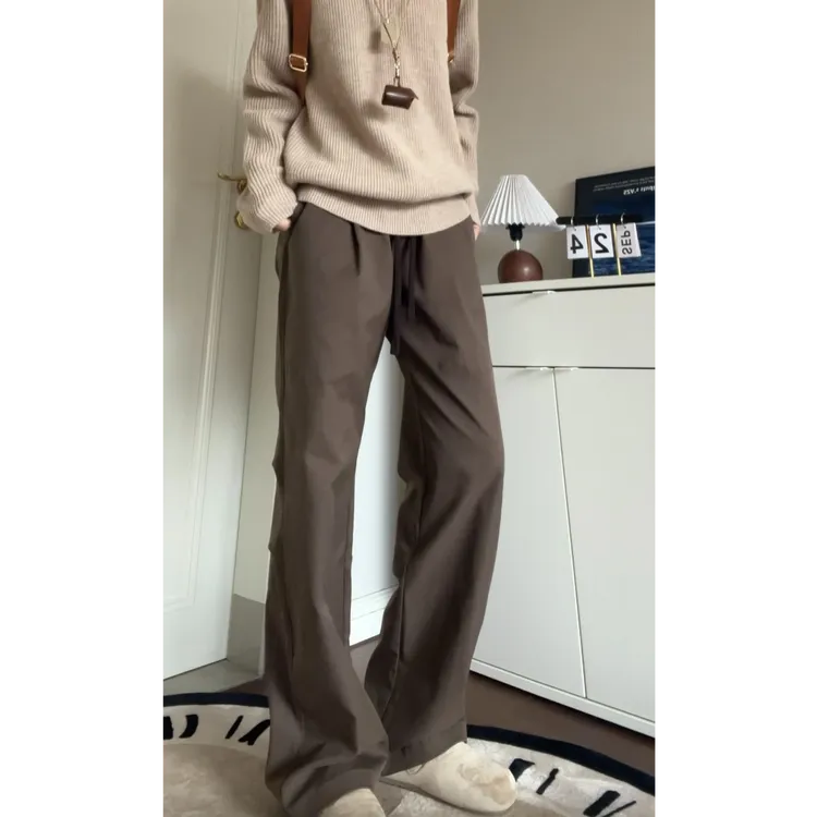 日系复古裤子男百搭垂感褶皱休闲裤直筒宽松显瘦vintage棕色阔腿