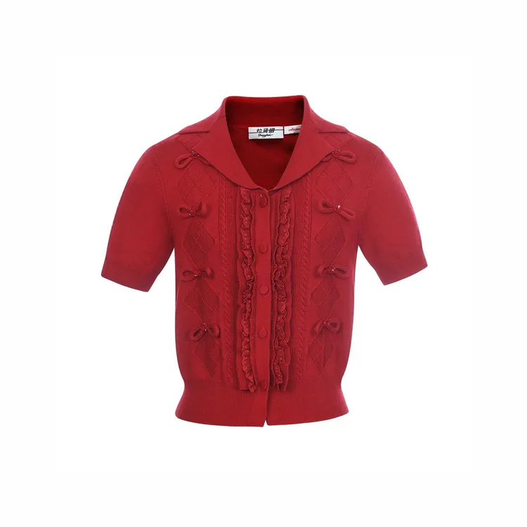 LeFame/拉飞姆2026春季新款时尚蝴蝶结珠饰针织短袖LF26C31ZB154