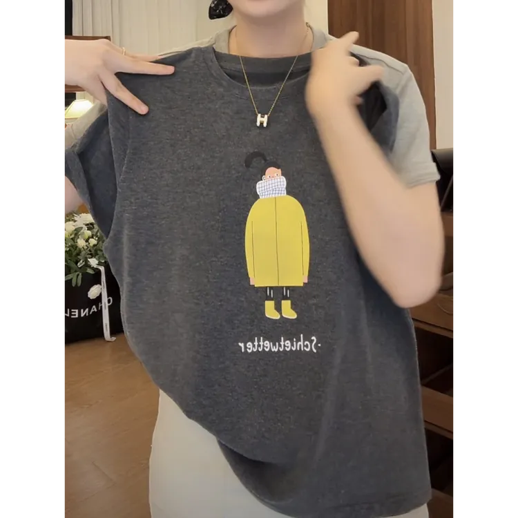 创意印花短袖T恤女夏季新款小众设计感正肩大码宽松女士上衣