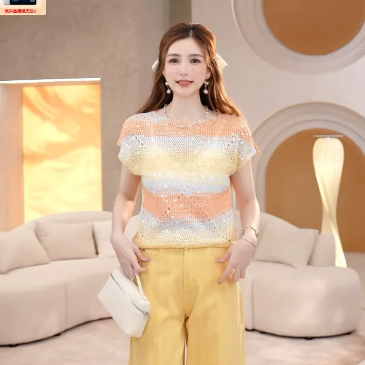 COCO BECCI【橘子汽水】时尚百搭条纹显瘦短袖针织衫CFHHC132085