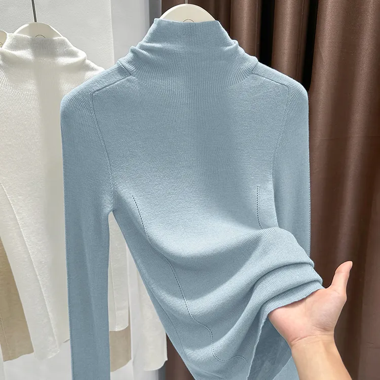 时尚洋气蓝色长袖内搭打底针织衫薄款高领套头正肩T恤爆款上衣女
