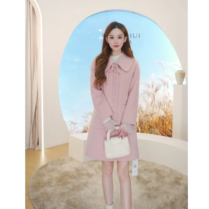 秋水伊人粉色毛呢大衣25年冬季新款女中长款外套625415M323407