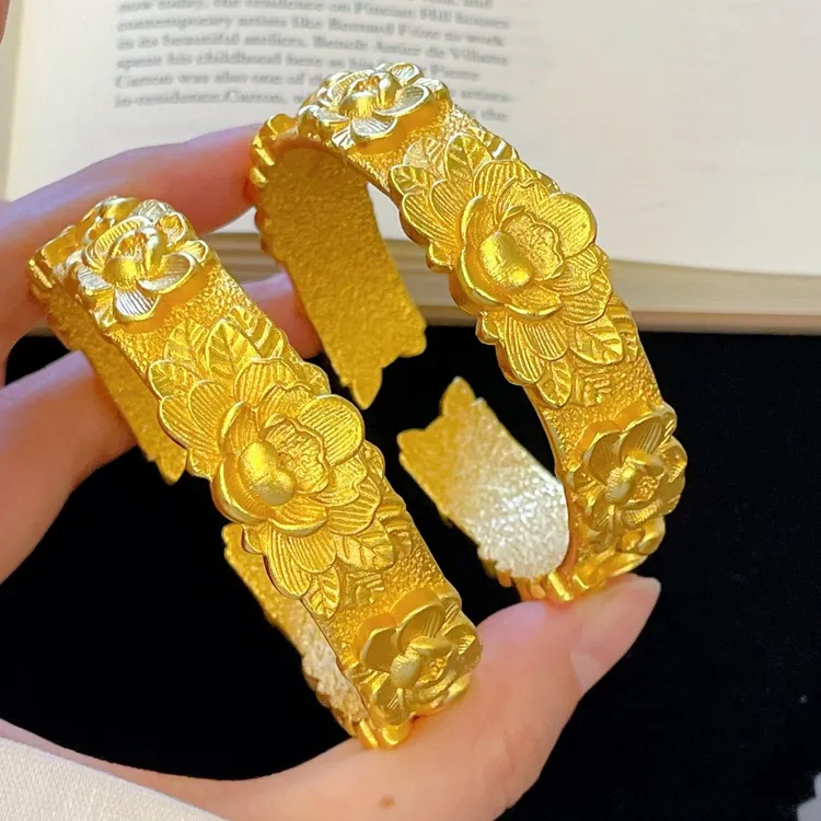 铜合金手镯 新中式重工立体錾刻牡丹花手镯国风气质百搭开口手环