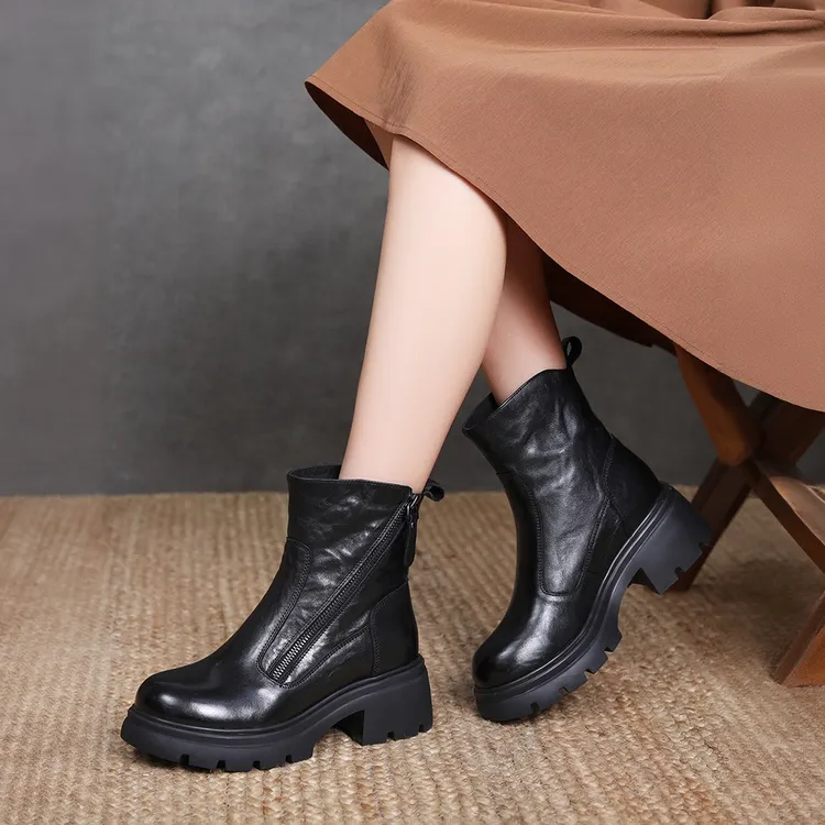 江南鞋匠冬季头层羊皮真皮软底时尚百搭洋气加绒厚底瘦瘦靴马丁靴