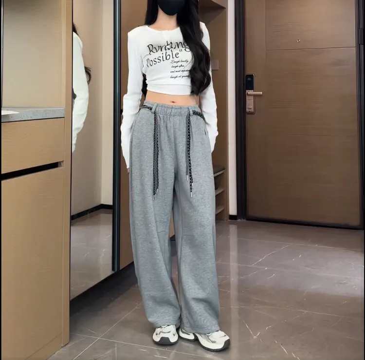 秋季新款刺绣 腰绳高腰束脚两穿阔腿卫裤女一裤两穿拖地裤#1001