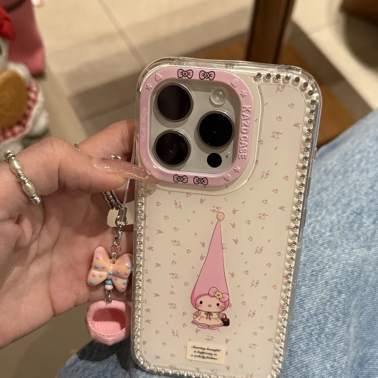 满屏粉碎花尖尖帽猫咪适用iPhone16promax苹果15手机壳14新款13女