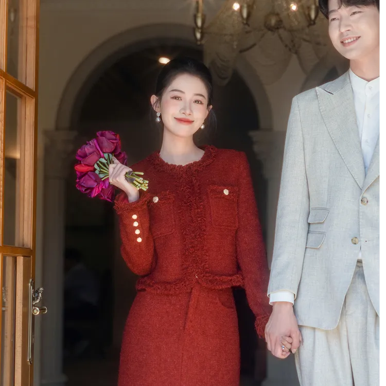 【巴洛克舞会】小香风套装敬酒服春季外套红色回门订婚礼服