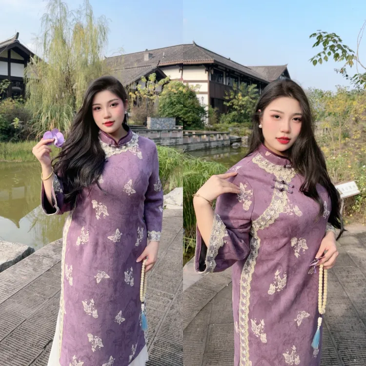 52051胖MM复古改良旗袍女秋冬拼接蕾丝显瘦时尚百搭连衣裙