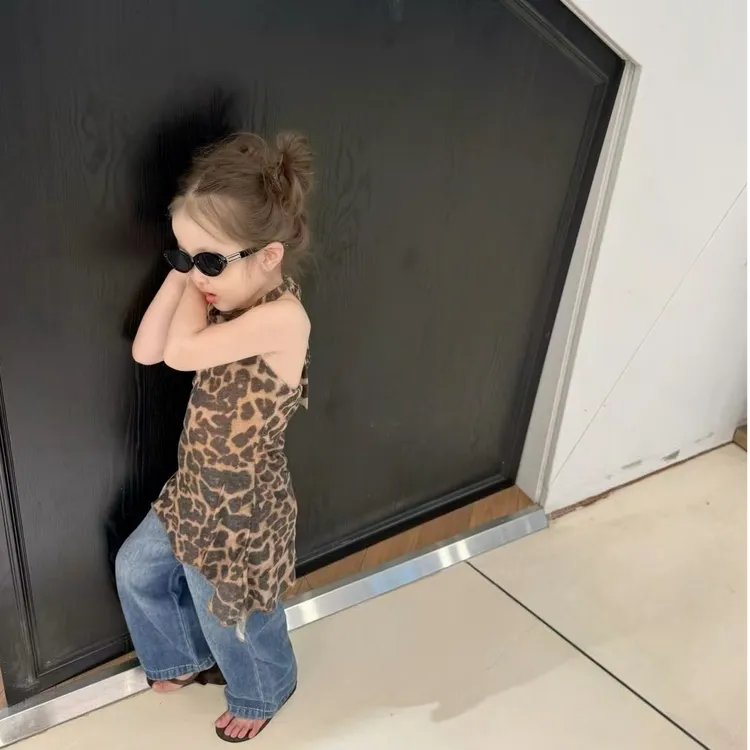 现货】壹妈童装女童时髦套装夏季新款洋气女宝辣妹穿搭豹纹挂脖裙