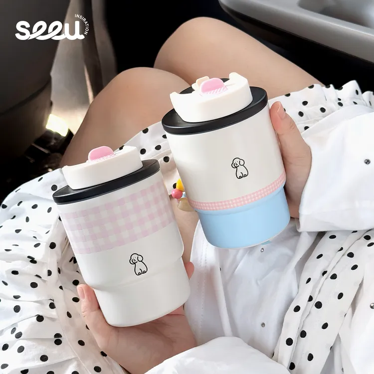 seeu象牙塔保温杯316不锈钢水杯可爱吸管杯学生随行杯420ml