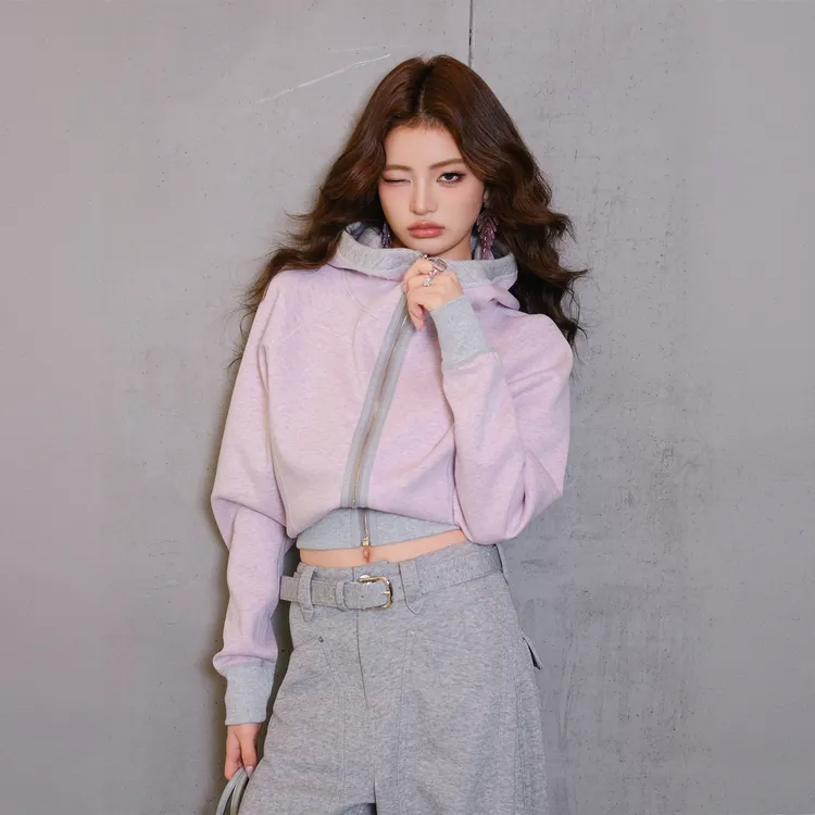 韩系甜酷风灰粉连帽卫衣棉正反可穿外套卫裤休闲运动套装女秋冬季