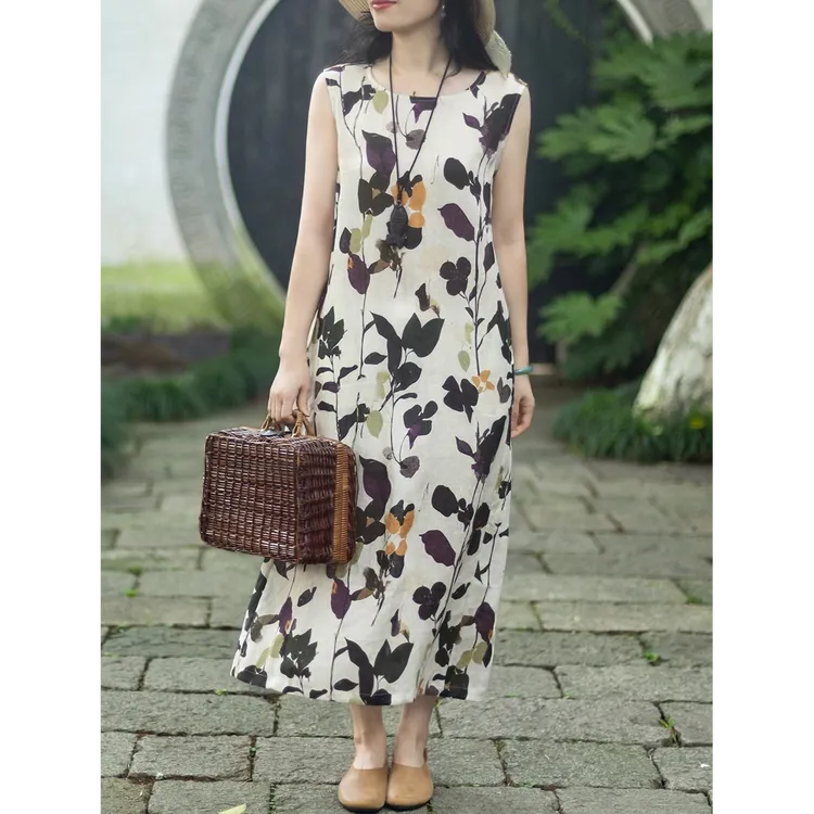 2025夏季时尚新款亚麻圆领无袖宽松文艺显瘦连衣裙通勤背心裙女