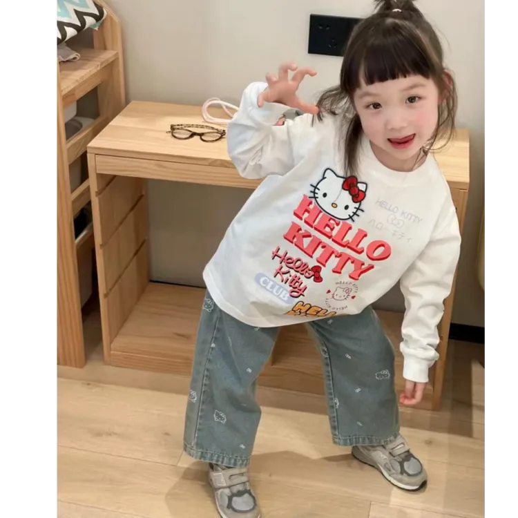 《部分在仓》韩版女童2025年早秋新款卡通猫T恤牛仔裤套装