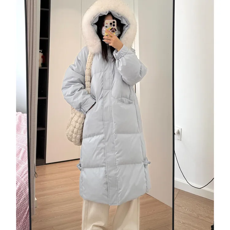 中长款毛领棉服女2025冬季新款韩系过膝连帽棉袄加厚保暖棉衣外套