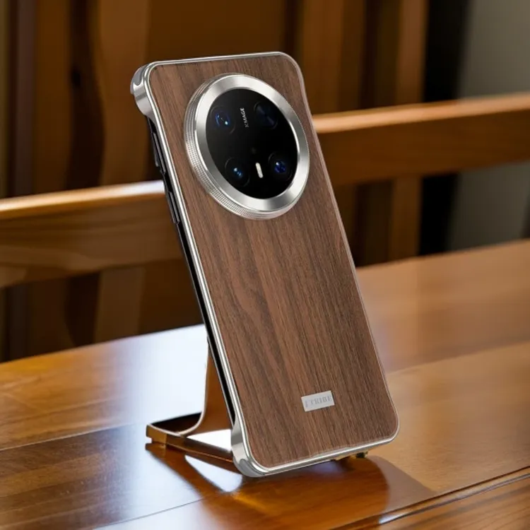 适用华为Mate70/60Pro手机壳木纹背板金属无边框防摔防指纹保护套