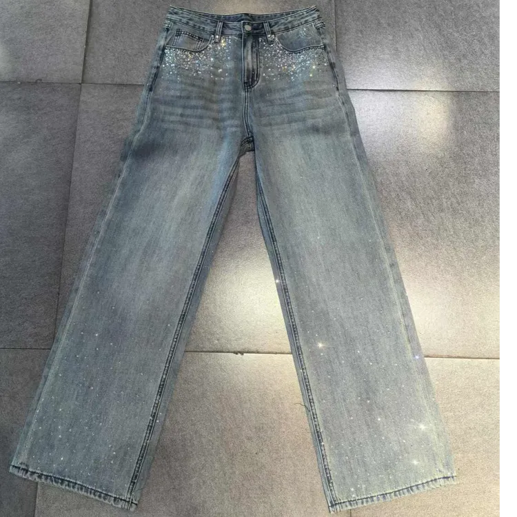 TCH轻奢烫钻工艺薄款百搭直筒阔腿牛仔裤女T75A208009私服tch