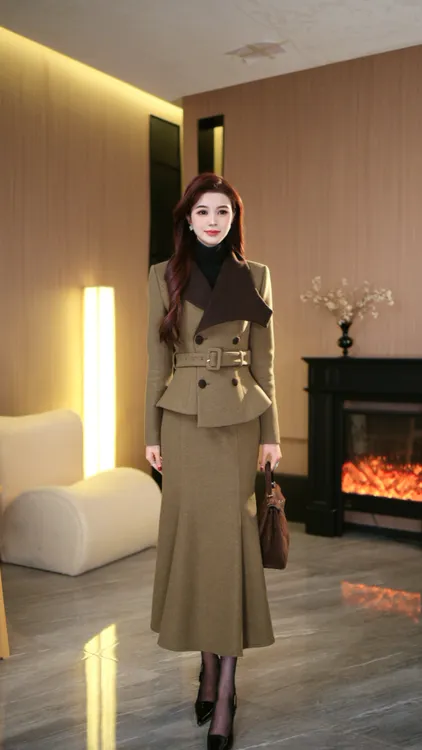 罗曼定制 高定原创长袖冬季时尚翻领西装收腰上衣+鱼尾裙两件套装