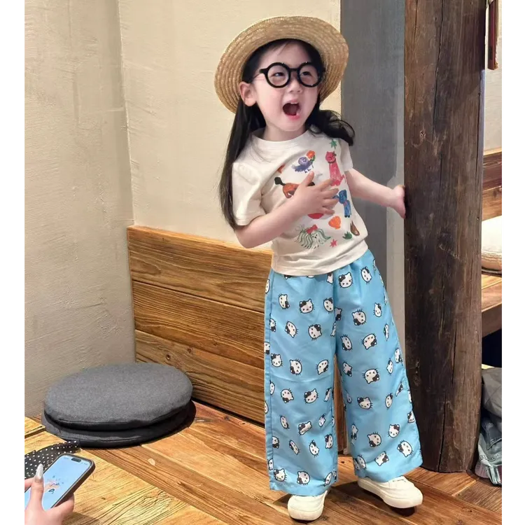 《现货》女童2025夏季新款韩版休闲卡通短袖T恤卡通猫休闲裤套装
