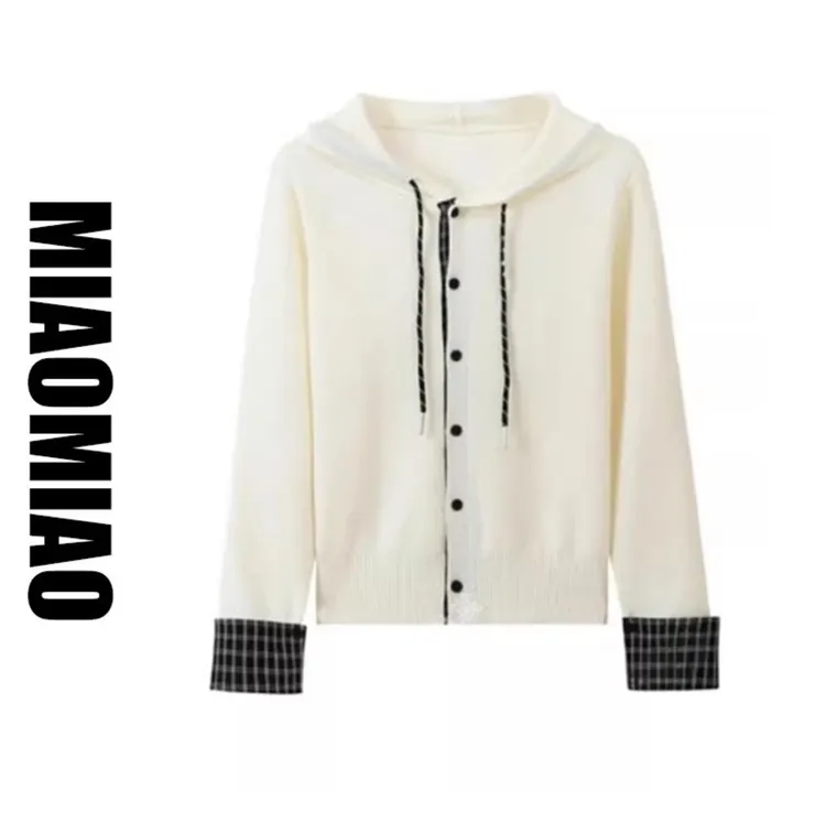 【大码】1377韩系氛围感格子拼接连帽针织开衫女减龄气质百搭上衣