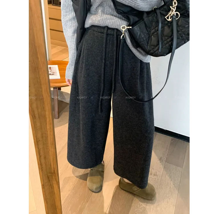 小个子巨好看裤子大码胖mm加绒韩里韩气毛呢阔腿裤宽松休闲八分裤
