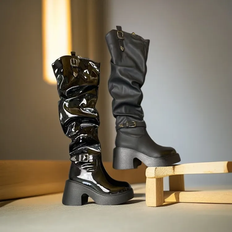 9871-秋冬骑士中筒靴冬季短靴高筒靴高跟长筒时装靴长靴时尚厚底