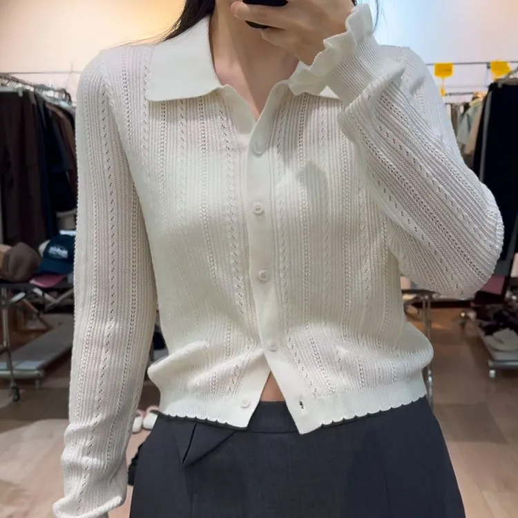 PM王囡囡 米白色翻领花边袖口木耳边设计长袖外套 ND1C1296