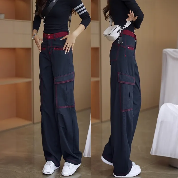 美式高街撞色工装阔腿牛仔裤女2025秋季新款高腰宽松显瘦直筒裤潮