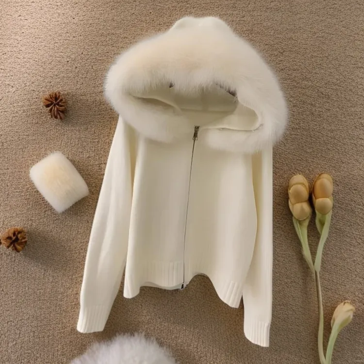 大毛领连帽拉链百搭毛衣外套女2025秋冬新款大码高级感针织衫上衣
