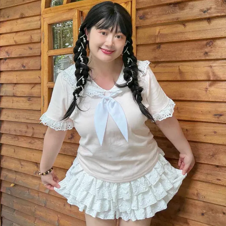 蕾丝花边海军领子大码微胖修身可爱甜美风格短袖纯欲T恤夏季短袖