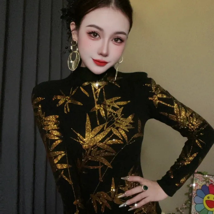 【57金竹】半高领打底衫女内搭秋冬新款时尚烫钻上衣修身显瘦Y