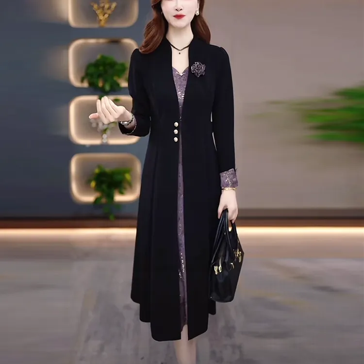 弹力精纺气质轻奢高级感女装2025秋季新款时尚假两件显瘦连衣裙子