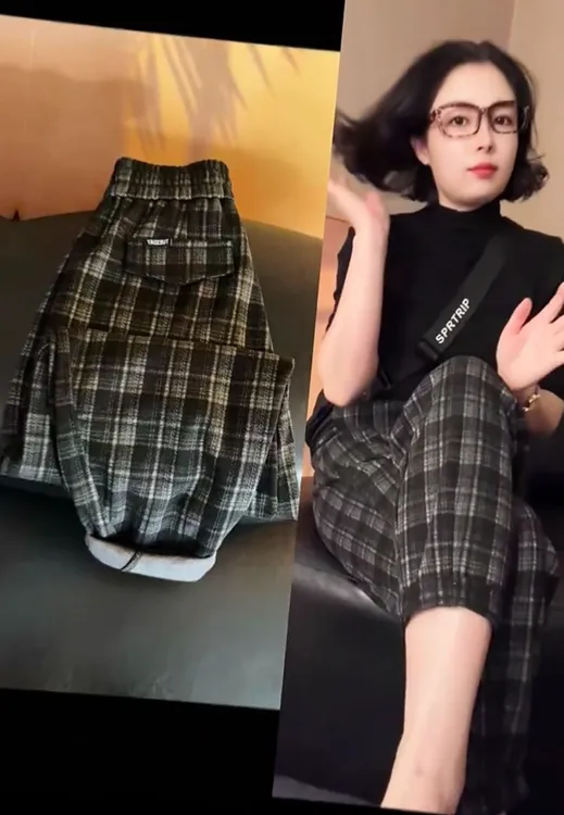 秋季女休闲裤子宽松简约百搭修身格子裤松紧腰哈伦裤长裤时尚潮
