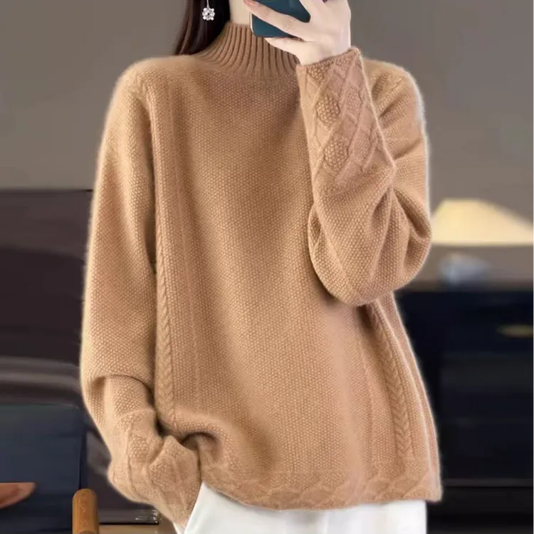 商场同款正秋冬100％纯羊毛衫女半高领打底宽松加厚纯色毛衣打底衫