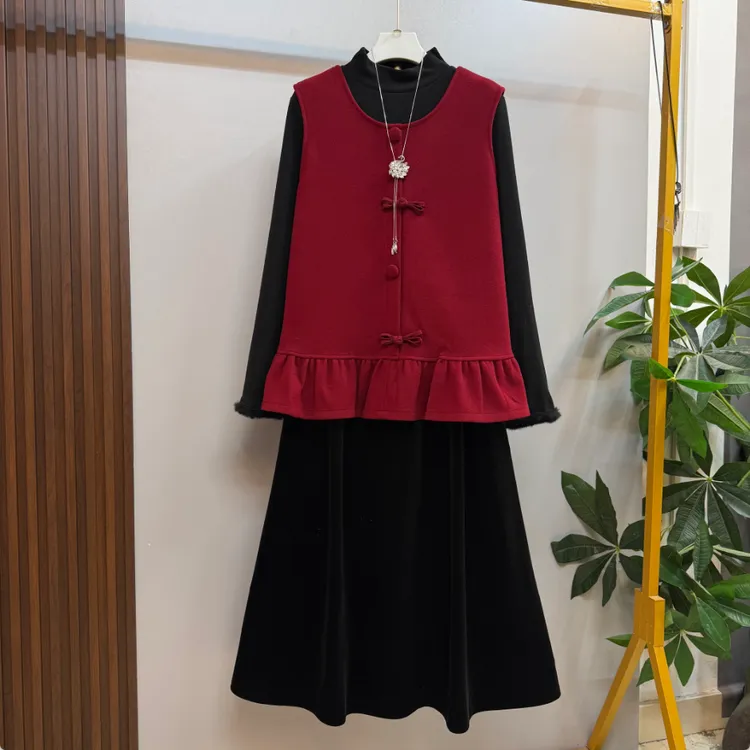 新款大码女装欧货时尚洋气新中式马甲打底衫三件套套装