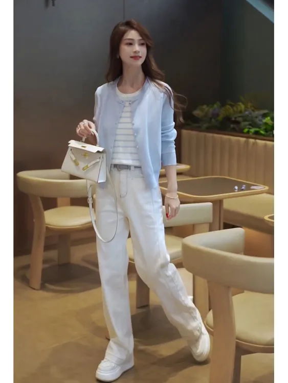春季韩系穿搭一整套气质条纹假两件针织上衣休闲直筒牛仔裤两件套