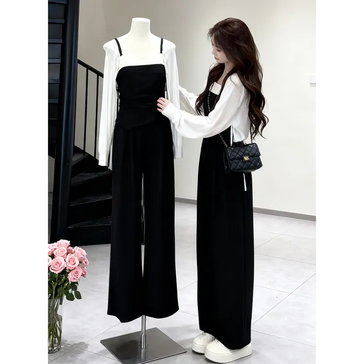 早春一整套女装2025新款韩版不规则吊带休闲阔腿裤百搭开衫三件套