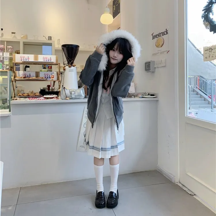 lulucake连帽开衫卫衣jk宽松日系学院风百搭可拆卸毛领多色外套女