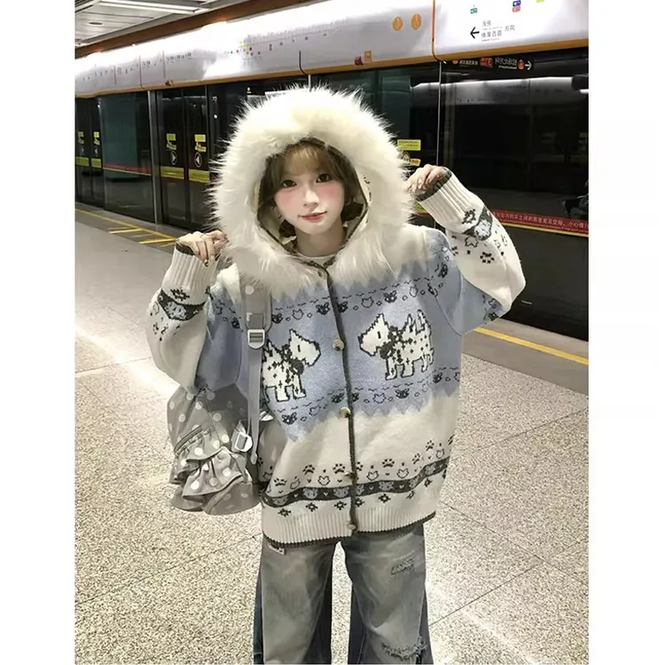 美式复古毛领提花连帽针织开衫费尔岛小狗毛衣女冬季女