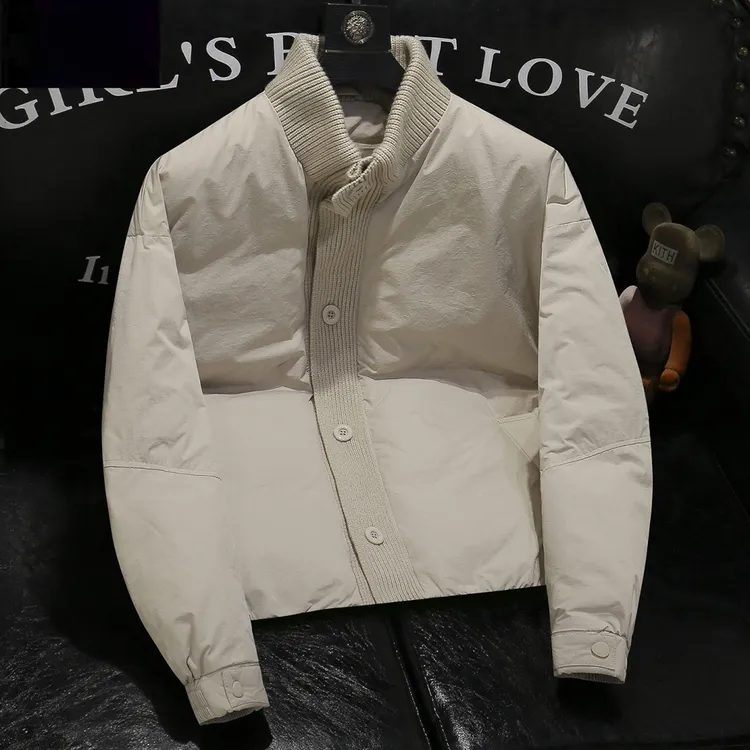 欧货立领羽绒服男士新款针织拼接落肩微阔潮牌白鸭绒保暖外套潮