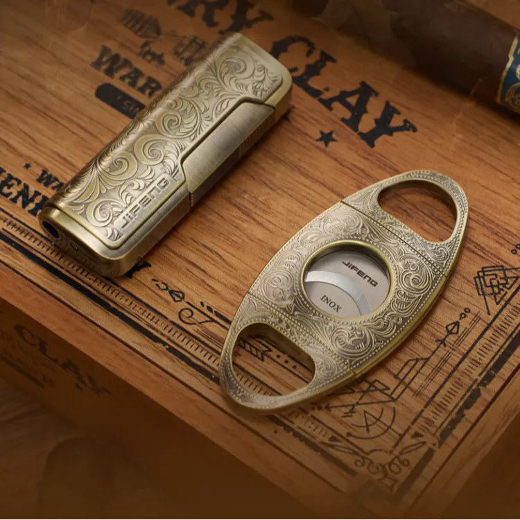 JIFENG季风唐草纹便携锋利刀刃雪茄剪单火直冲打火机套装